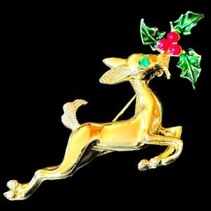 Vintage Christmas Gold Tone Reindeer Brooch Green Crystal Eye